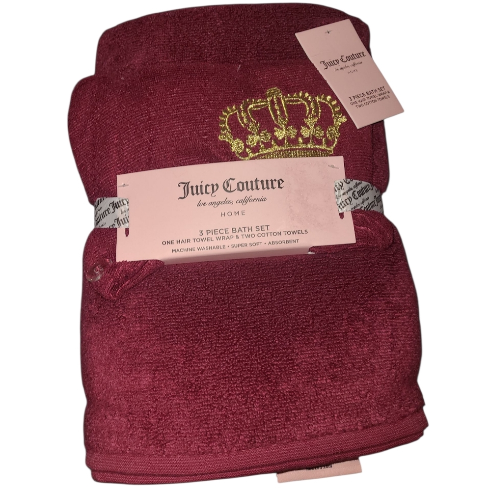 Juicy Couture 3pc Maroon & Gold Bath Towel Set